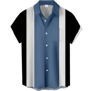 Men Blue Print Short Sleeve Hawaiian Fit Casual Button  Down Beach Shirts